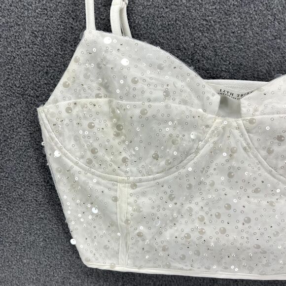 12th Tribe Top Womens Small White Sequin Crop party adjustable strap - Picture 5 of 16